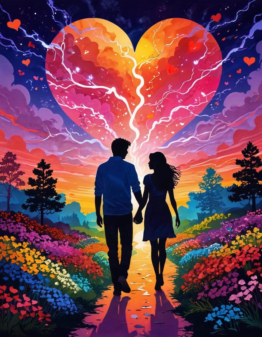 A surreal, intertwined landscape of vibrant hearts and electric energy, illustrating a journey towards sexual health and contentment. Include diverse silhouettes of couples embracing, surrounded by blooming flowers and glowing pathways symbolizing connection and joy. The atmosphere should feel euphoric and inviting, with radiant colors blending seamlessly. dreamlike. vivid fantasy art.