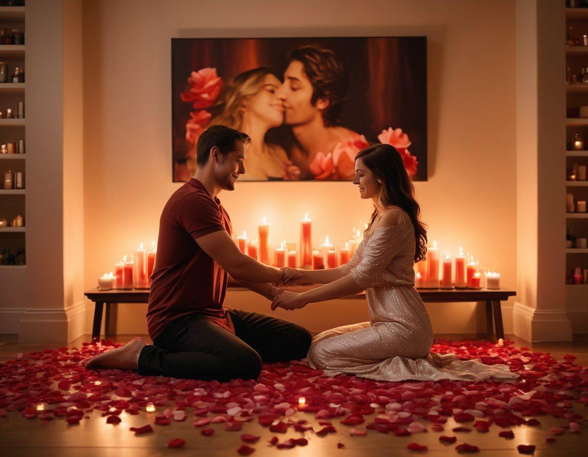 An intimate scene of a couple sharing a blissful moment in a softly lit room, surrounded by rose petals and candles. The background features elegant artwork depicting love and connection, with warm colors emphasizing affection. Elements like intertwined hands and gentle facial expressions capture the essence of romance and intimacy. A cozy atmosphere enhances the theme of elevating relationships through love. soft focus. warm tones. romantic ambiance.
