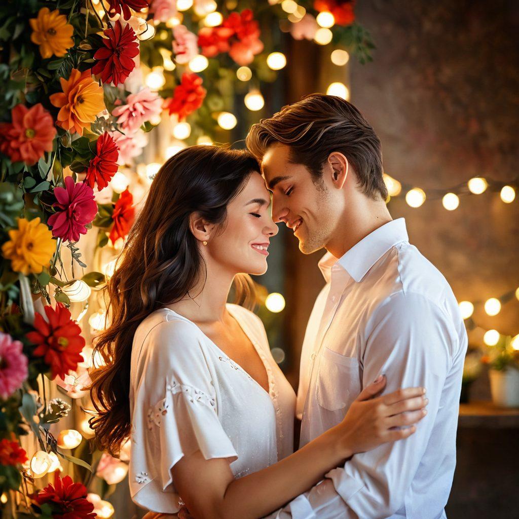 A serene couple sharing a moment of joy, surrounded by soft, glowing lights and vibrant flowers that embody intimacy and romantic bliss. Their expressions reflect pure happiness, with warm colors enhancing the feeling of connection. Add delicate details like intertwined hands and a backdrop of a cozy, inviting space symbolizing a shared journey. super-realistic. vibrant colors. soft focus.